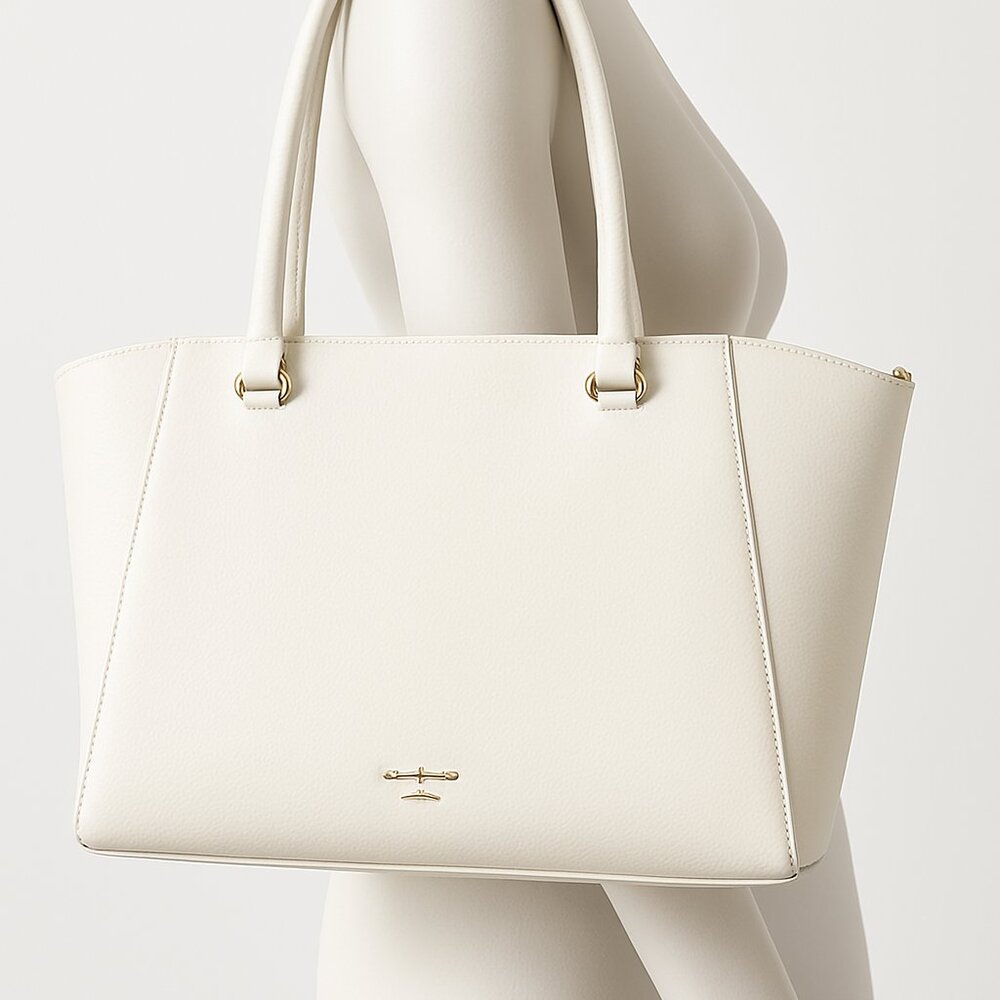 Samantha Thavasa Off-White Leather Tote Shoulder Bag – Magnetic Snap Handbag